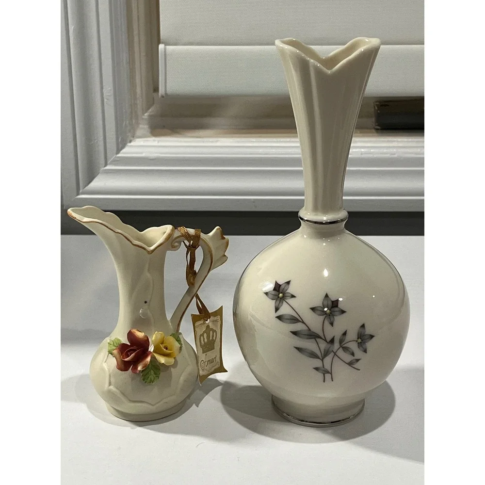 Vintage Lenox Bud Vase and Arnart Miniature Porcelain Pitcher Set Ivory Floral